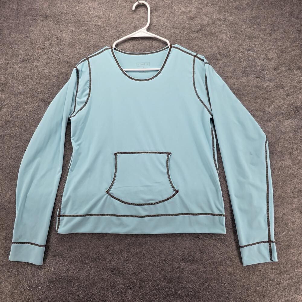 Athleta Sweatshirt Womens L Blue Pullover Pockets Lightweight Jersey Logo